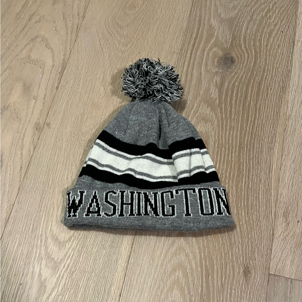 Soft Washington, D.C. Grey, White, and Black Striped Pom-pom beanie